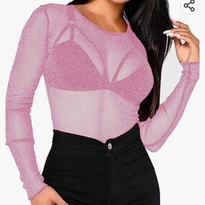 Pink sparkly Long Sleeve Mesh Top